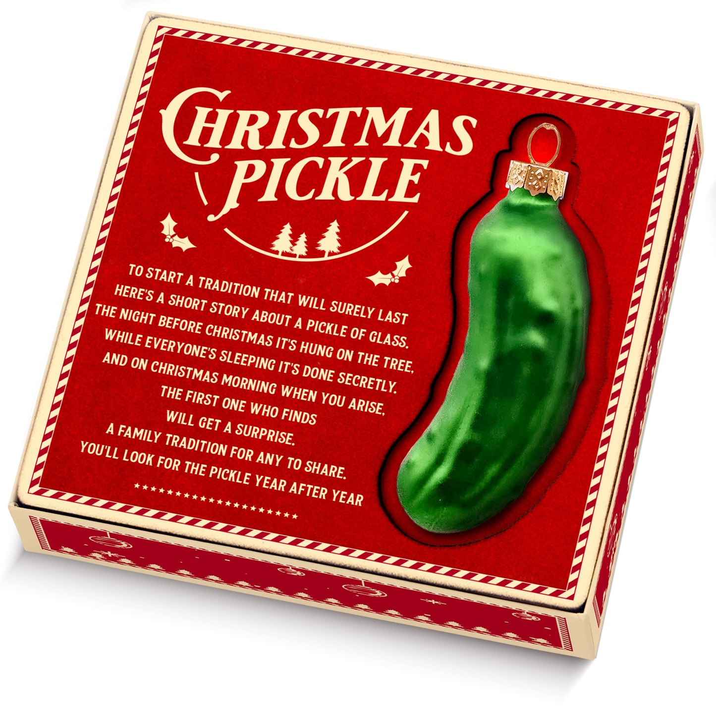German Christmas Pickle Ornament Tradition Decor - Green Glass Tree Decoration - Gift Boxed with Story & Legend - FB033