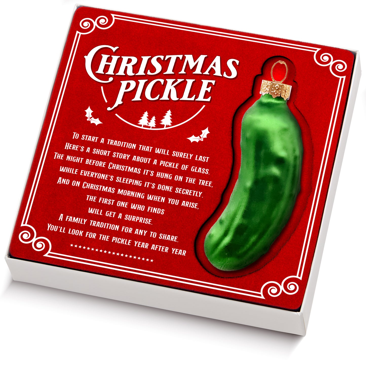 German Christmas Pickle Ornament Tradition Decor - Green Glass Tree Decoration - Gift Boxed with Story & Legend - FB034