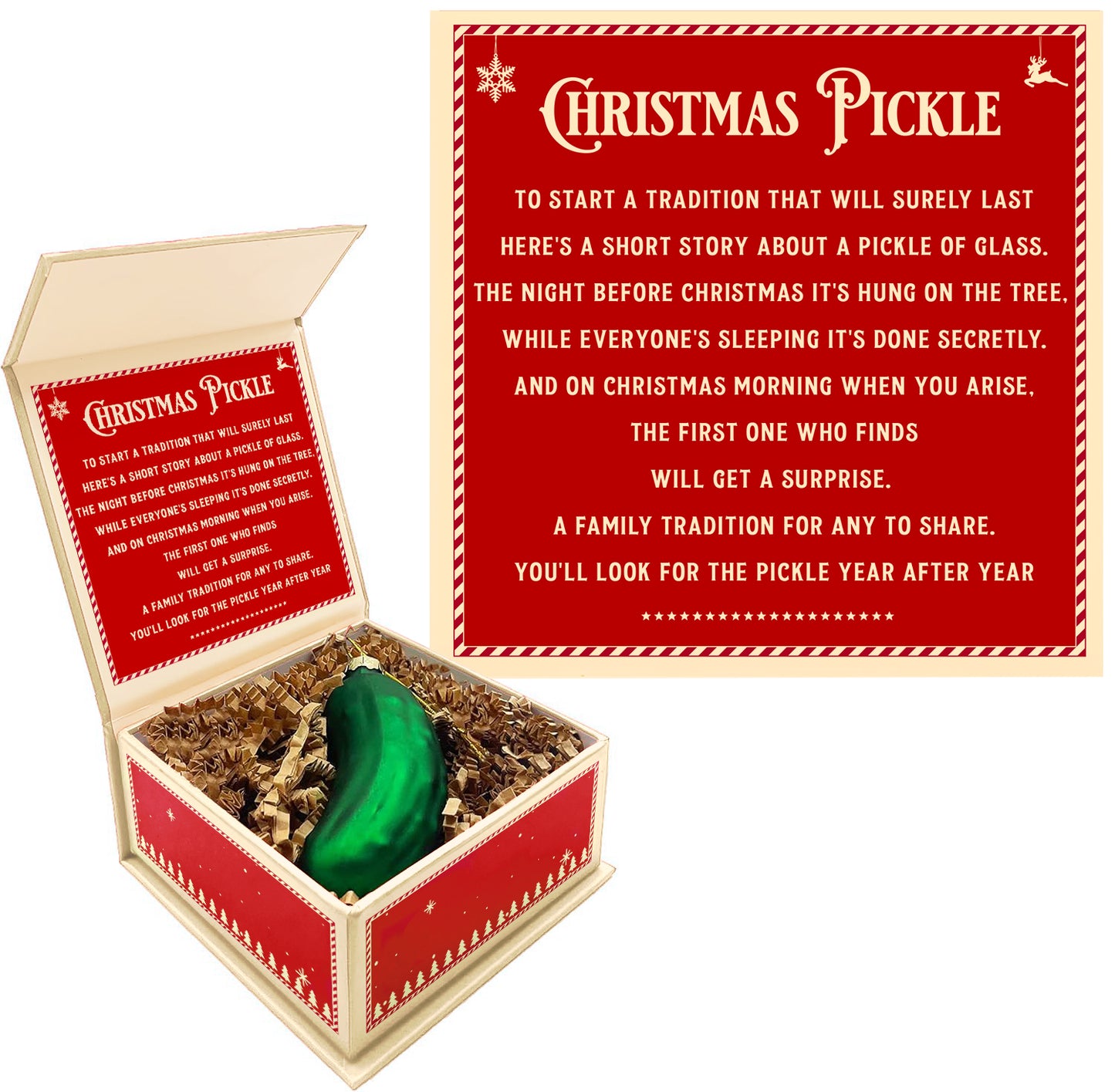 German Christmas Pickle Ornament Tradition Decor - Green Glass Tree Decoration - Gift Boxed with Story & Legend