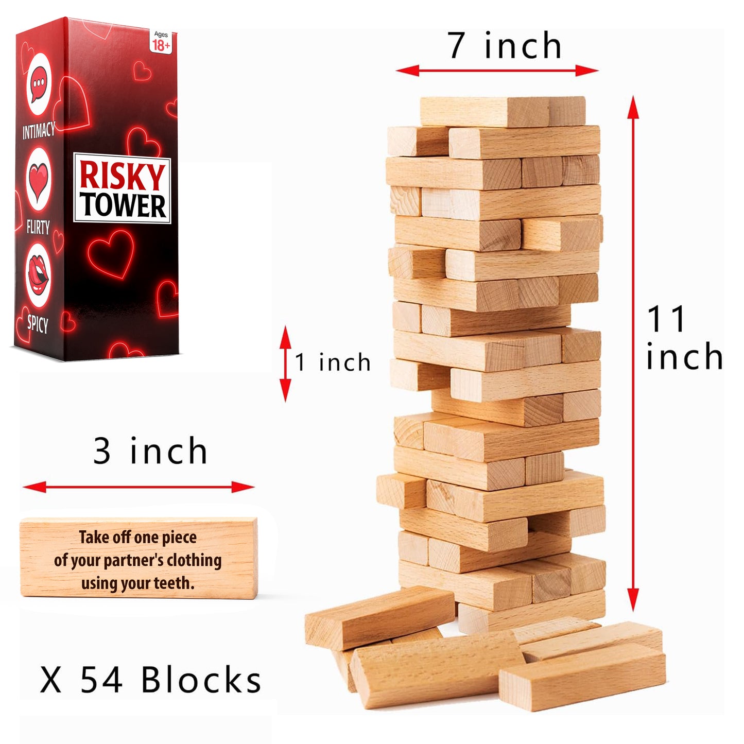 Stacking Wooden Block Game for Grown Ups – Couple Dare Questions – All Genders & Relationships – Exciting, Pleasing, & Funny Challenges - Make Date & Game Night Fun w/ 54 Pieces - FB073