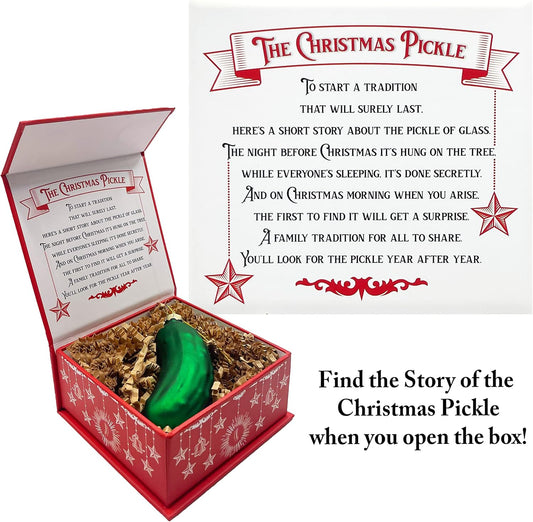 German Christmas Pickle Ornament Tradition Decor - Green Glass Tree Decoration - Gift Boxed with Story & Legend