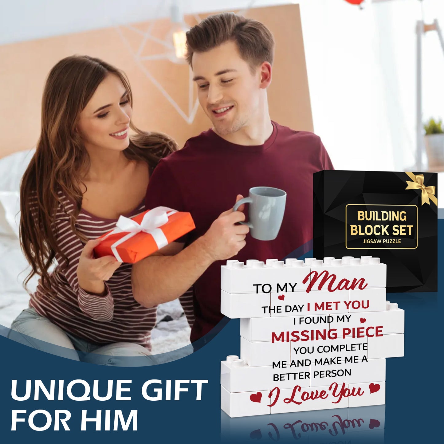 Valentines Day Gifts for him - Engraved Block Puzzle - Gifts for Him - Anniversary Present for Husband - Fiancé Birthday Gifts, Valentines Day Gifts for Boyfriend - Cool Wedding Couple Gifts FB064