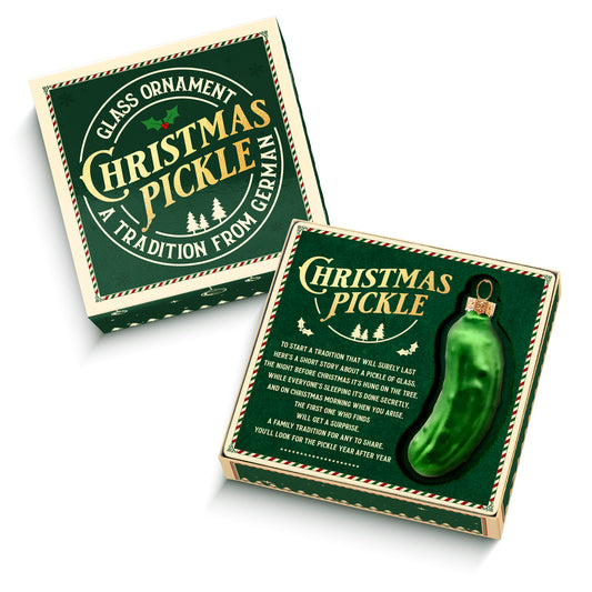 German Christmas Pickle Ornament Tradition Decor - Green Glass Tree Decoration - Gift Boxed with Story & Legend - FB031