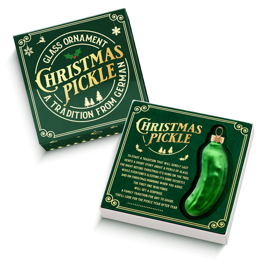 German Christmas Pickle Ornament Tradition Decor - Green Glass Tree Decoration - Gift Boxed with Story & Legend - FB032