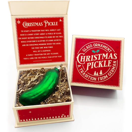 German Christmas Pickle Ornament Tradition Decor - Green Glass Tree Decoration - Gift Boxed with Story & Legend